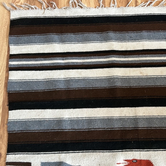 Vintage Mexican wool rug blanket eagle snake brown black stripe fringe boho82x47 - Picture 12 of 16